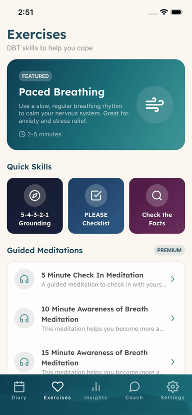 DBT Pal Exercises - Breathing, grounding, and meditations