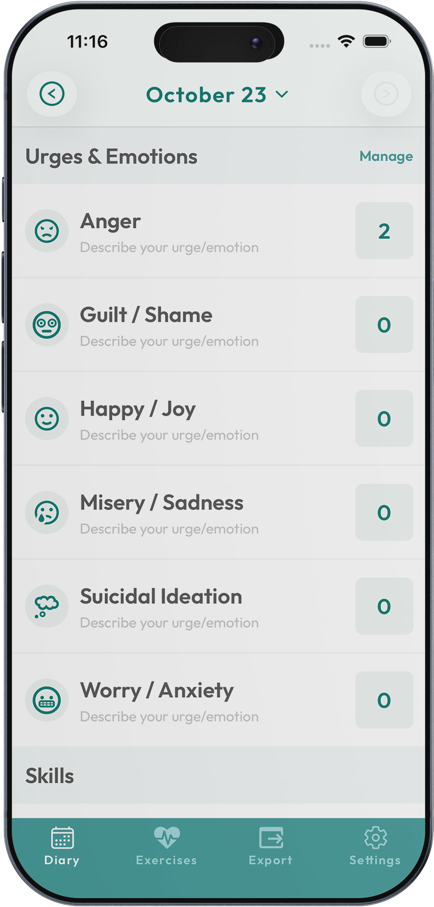 DBT Pal Diary Screen - Track urges and emotions