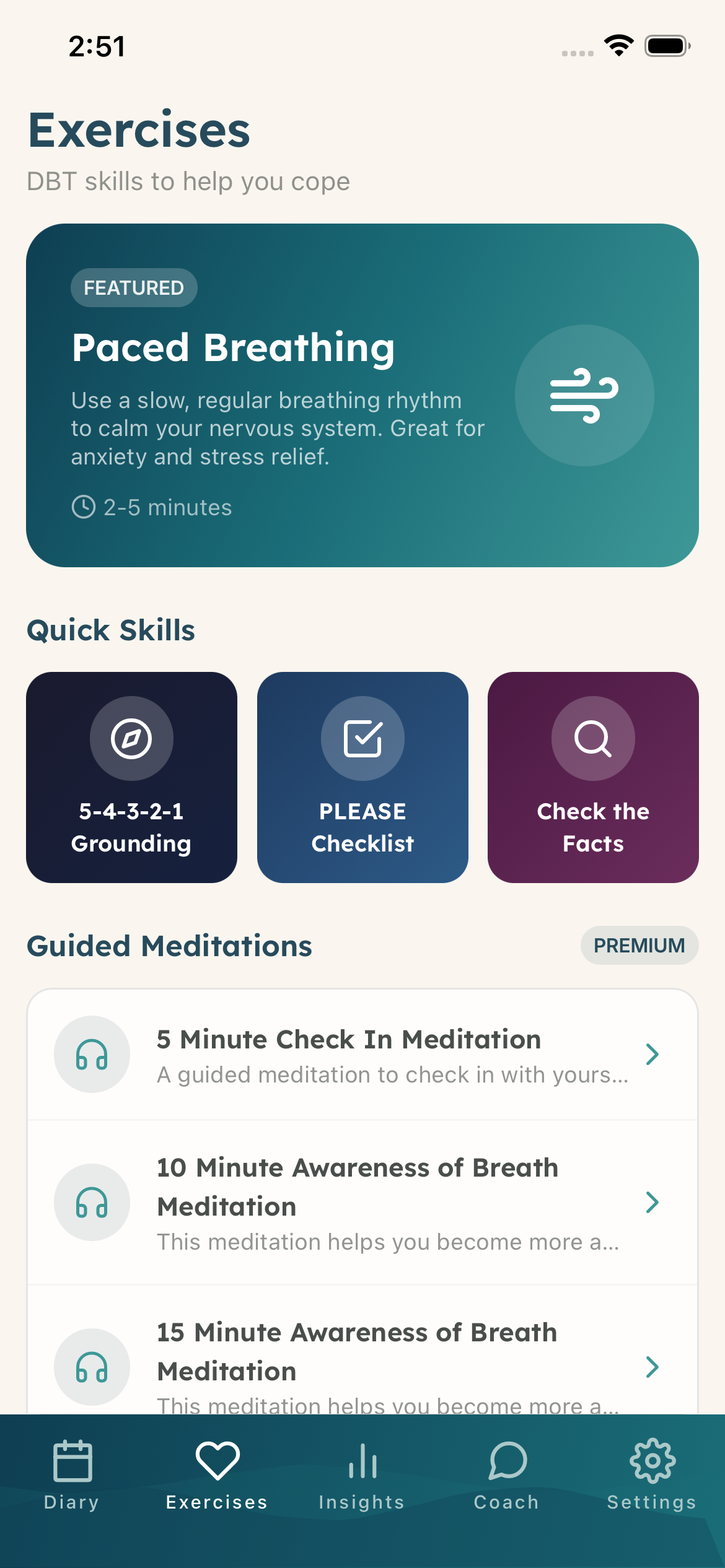 DBT Pal Exercises - Breathing, grounding, and meditations