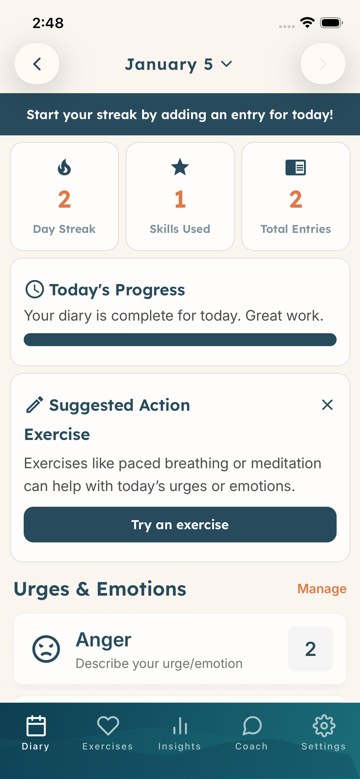 DBT Pal Home Screen - Today's Progress, Suggested Actions, and Quick Stats